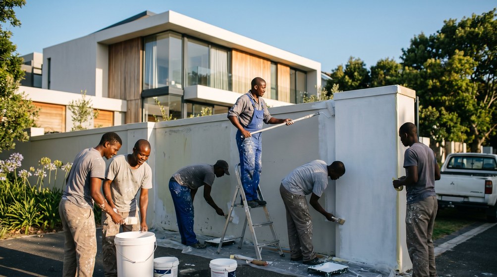 Professional team painting a boundary wall at a modern home in Claremont