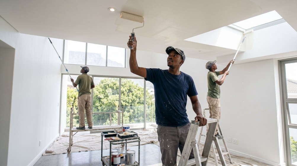 Professional ceiling painters rolling white paint onto a high ceiling in Claremont