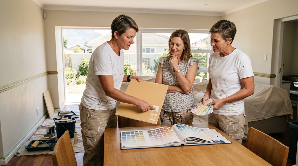 Professional colour consultant showing paint swatches to a homeowner in Claremont