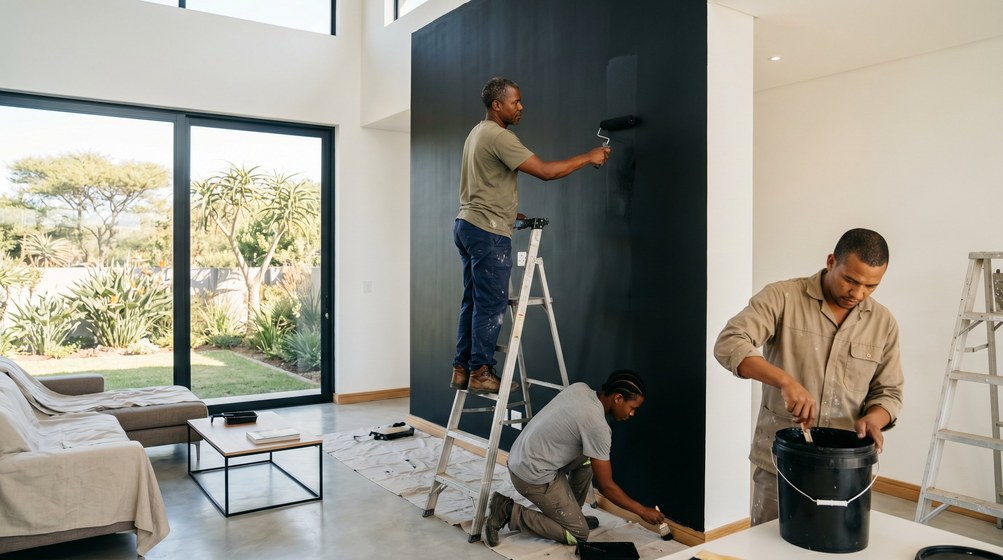 Professional painters creating a bold black feature wall in a modern Claremont home