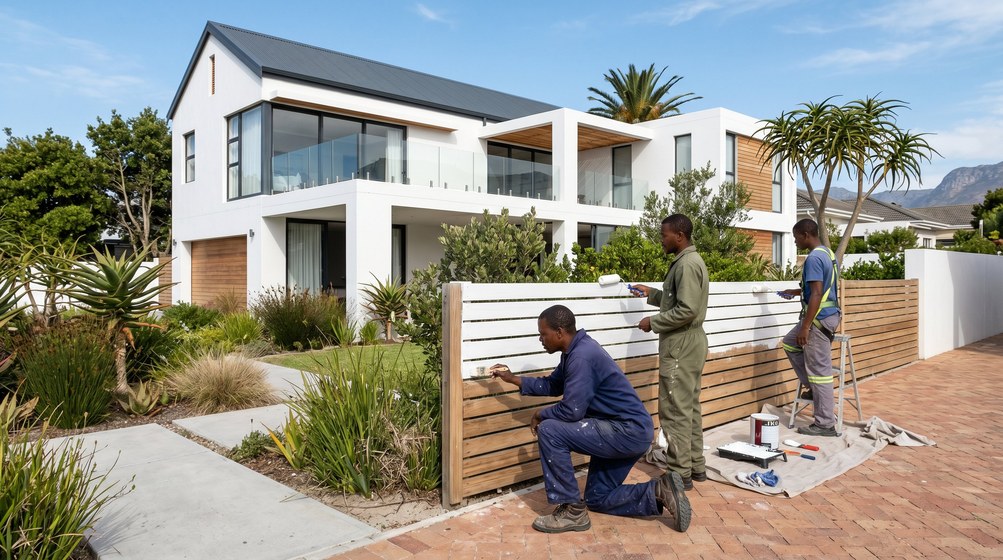 Professional fence painters painting a wooden fence at a coastal home in Claremont