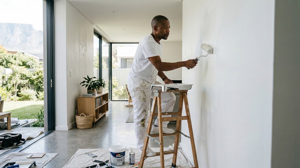 Professional interior painter in Claremont painting walls with a roller