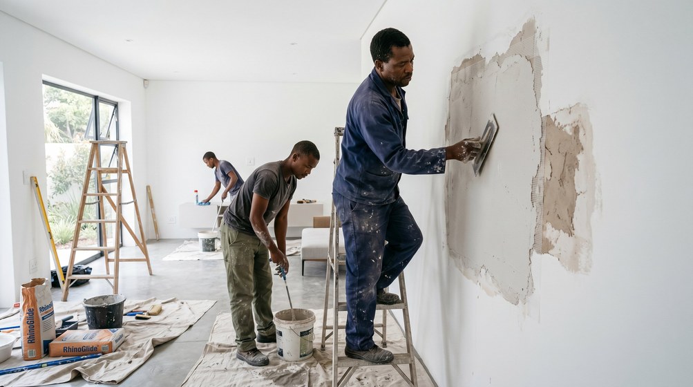 Professional plaster repair team skim coating damaged walls in Claremont
