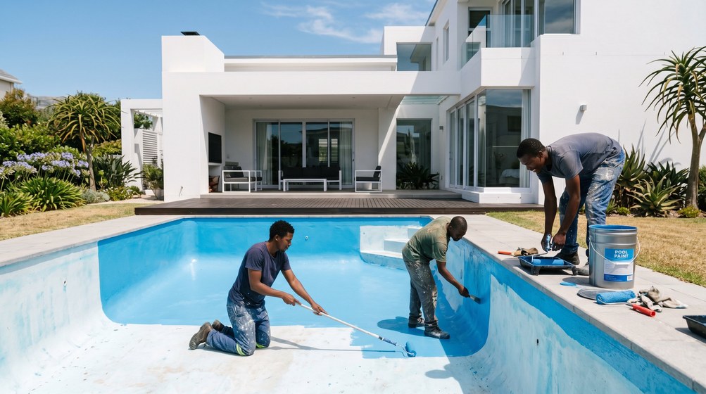 Professional pool painters applying blue pool paint to a swimming pool in Claremont