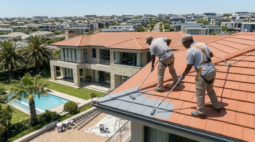 Professional roof painters applying waterproof coating to tiled roof in Claremont