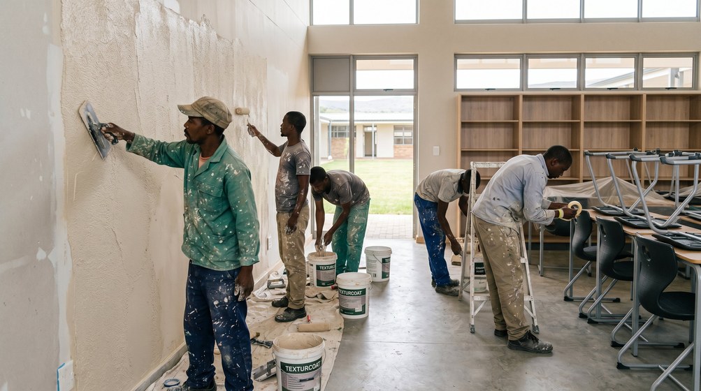 Professional texture coating team applying Texturcoat to interior walls in Claremont