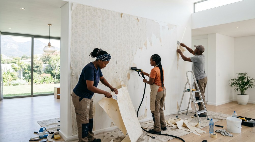 Professional wallpaper removal team stripping old wallpaper in a Claremont home