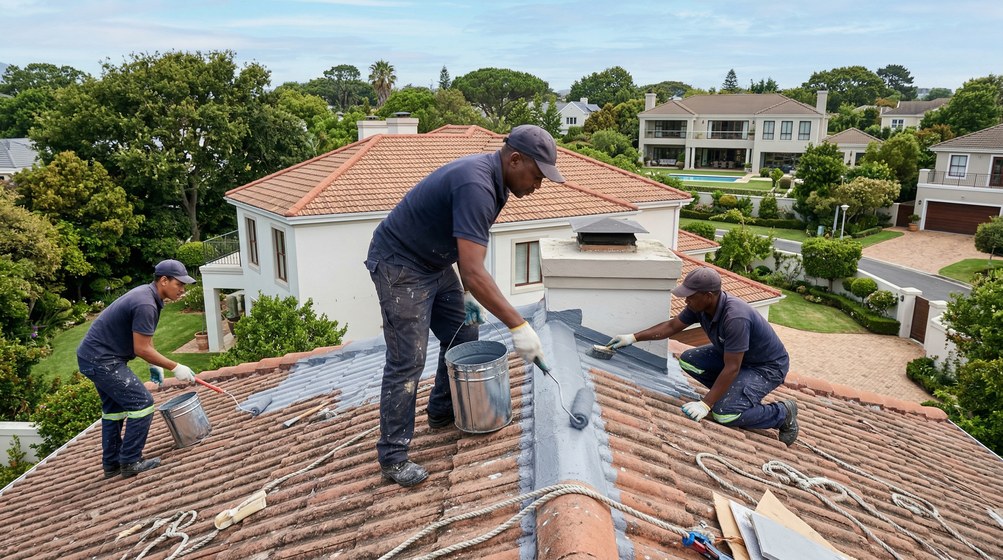 Professional waterproofing team applying membrane to roof in Claremont