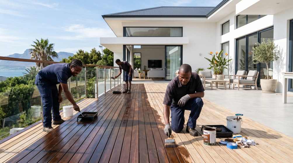 Professional wood staining team applying deck stain overlooking the ocean in Claremont